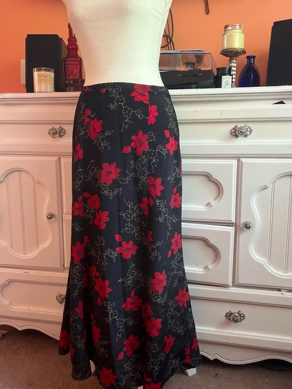 Katherine's Collection Black Maxi Skirt with Red Floral Print